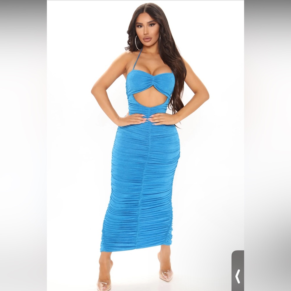 Fashion Nova Blue Tie Halter Sweetheart Neckline Maxi Dress Size XS Stretch